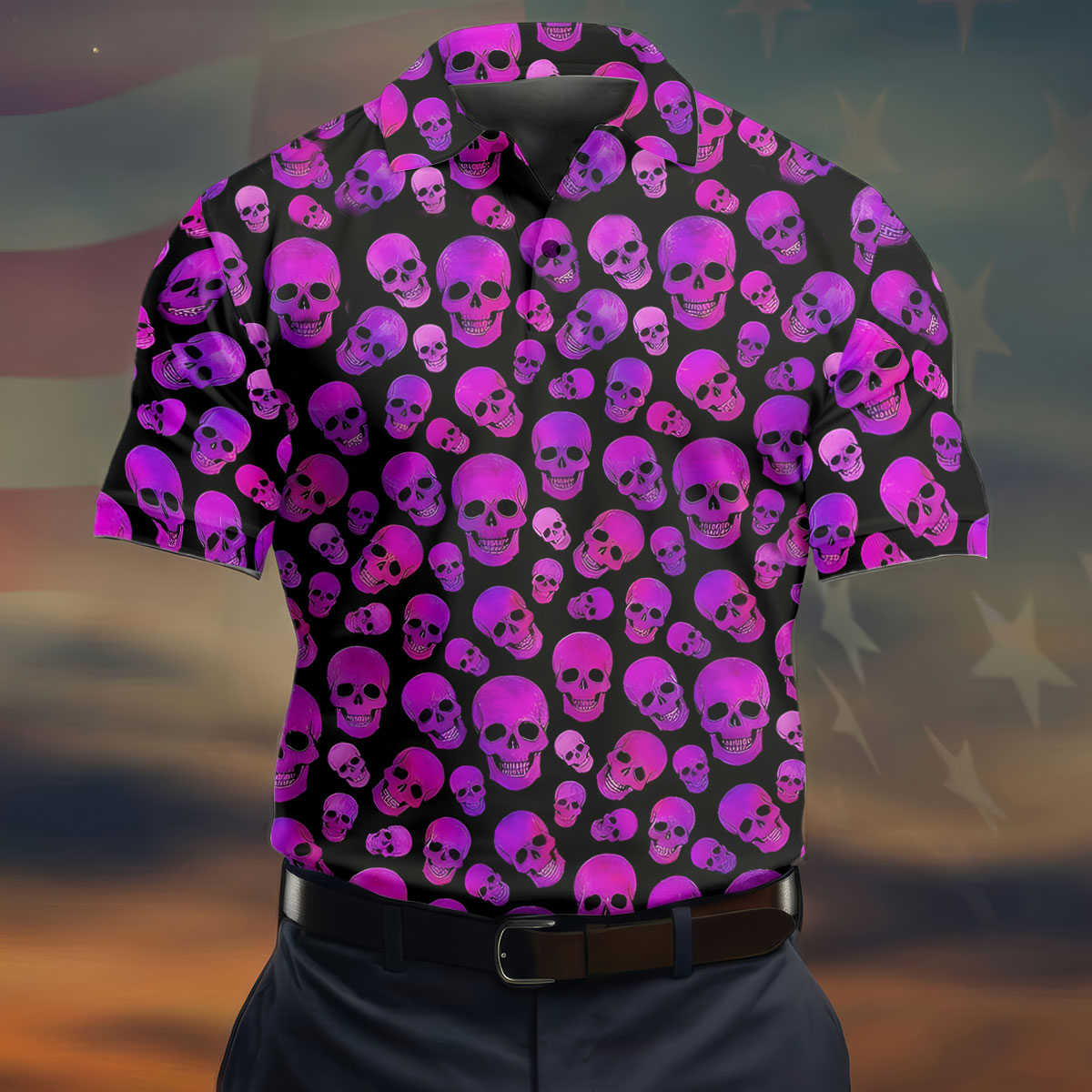 Purple Skull Gothic Pattern Hawaiian Golf Shirt, Mens Golf Polo, Printed Golf Shirts