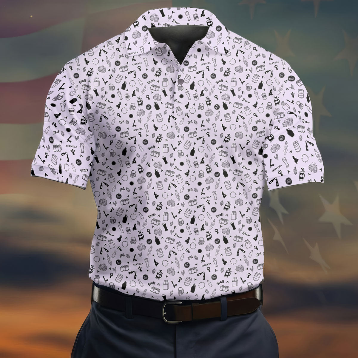 Light Purple Beer Brewing Icons Pattern Polo Shirt, Golf Apparel For Men, Printed Golf Shirts