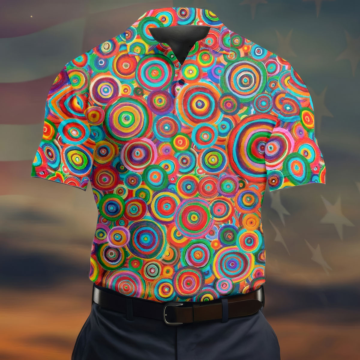 Colorful Abstract Circle Pattern Polo Shirt, Printed Golf Shirts, Hawaiian Golf Shirt, Mens Polo Shirts
