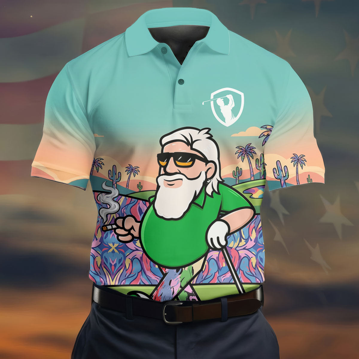 Retro Desert Bearded Golfer Men's Golf Shirt, Hawaiian Golf Shirt, Mens Golf Apparel
