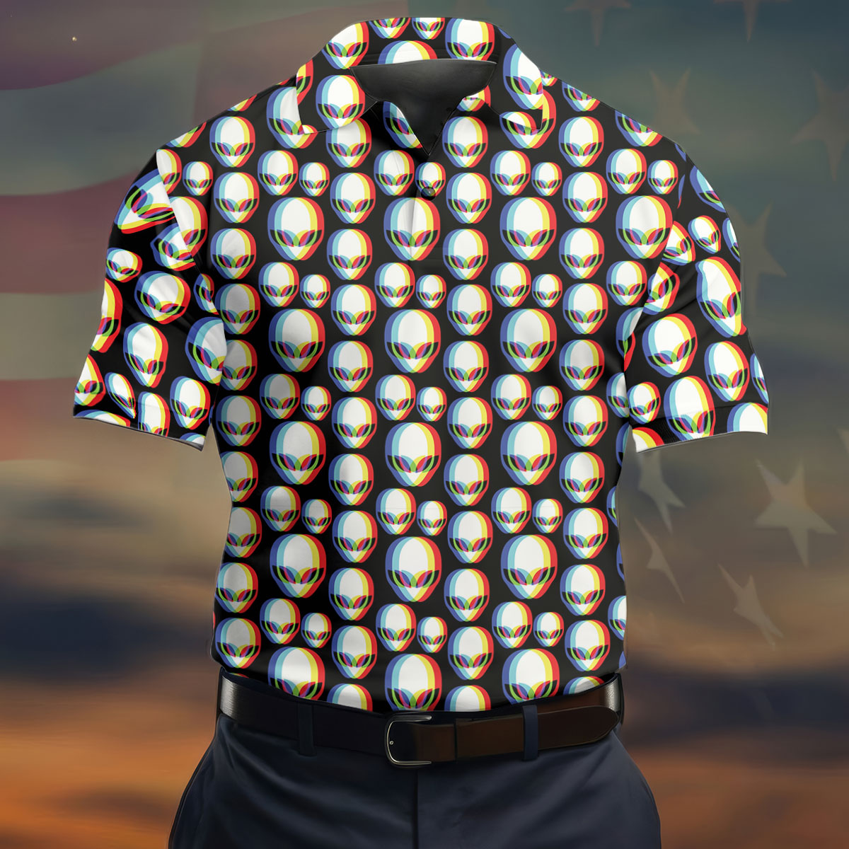 Retro Alien Head Pattern Golf Shirt, Men’s Golf Shirt, Golf Polo Shirts For Men