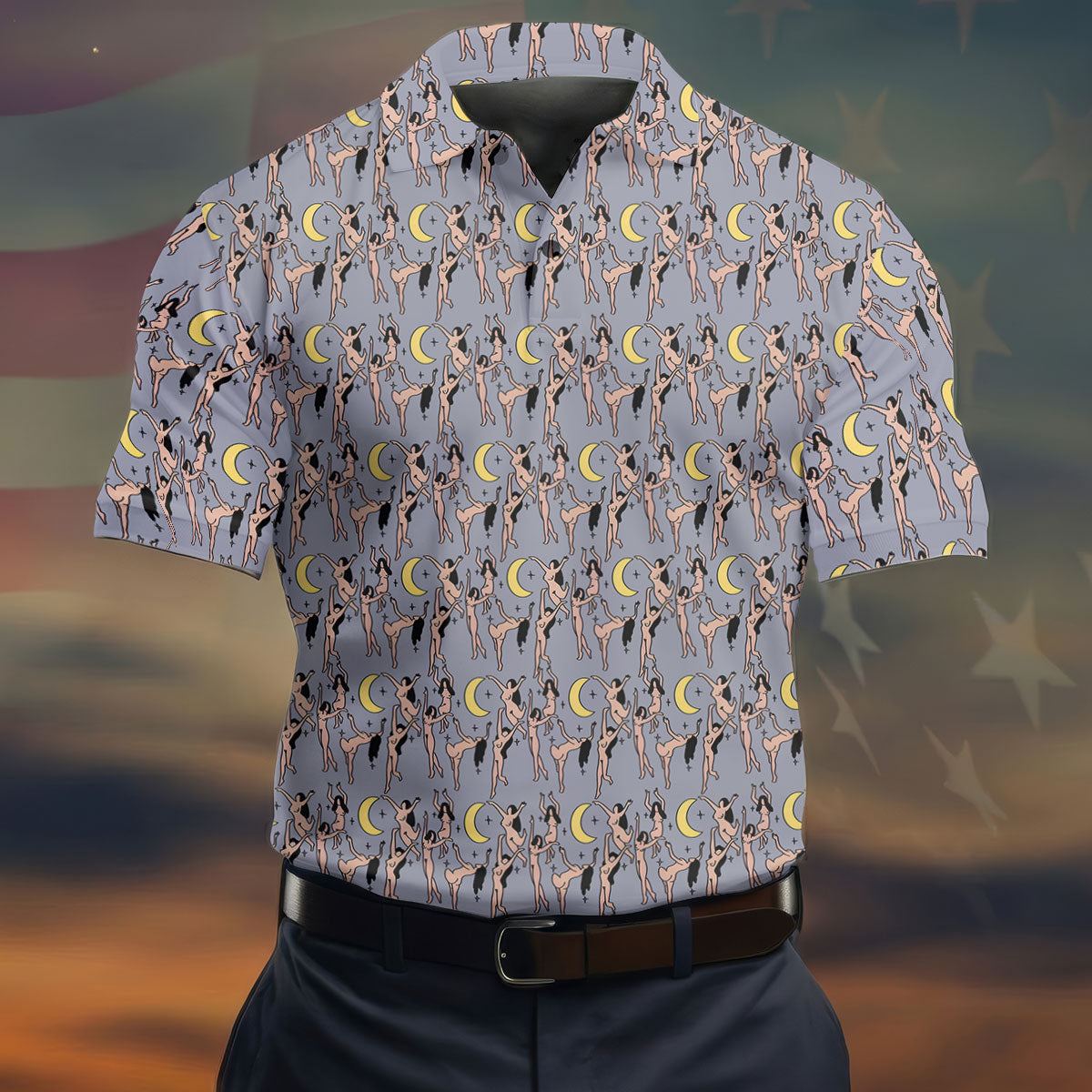 Dancing Figures Moon And Stars Pattern Polo Shirt, Mens Golf Shirts, Golf Apparel For Men
