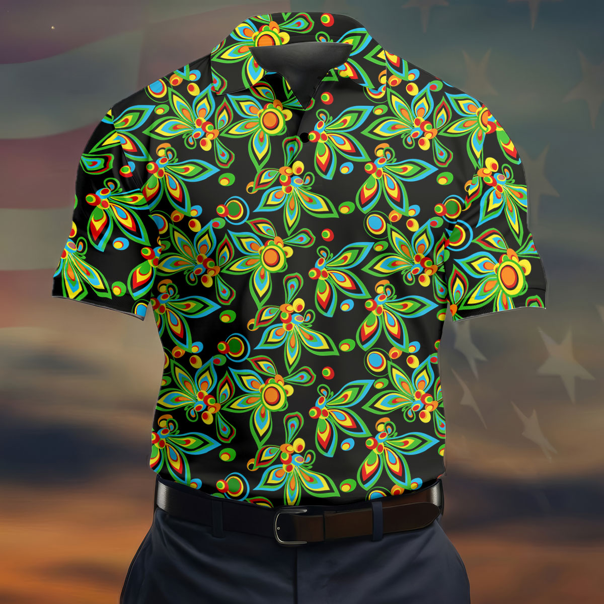 Black Colorful Floral Geometric Pattern Golf Shirt, Men's Golf Shirt, Golf Apparel For Men, Polo Shirts For Men