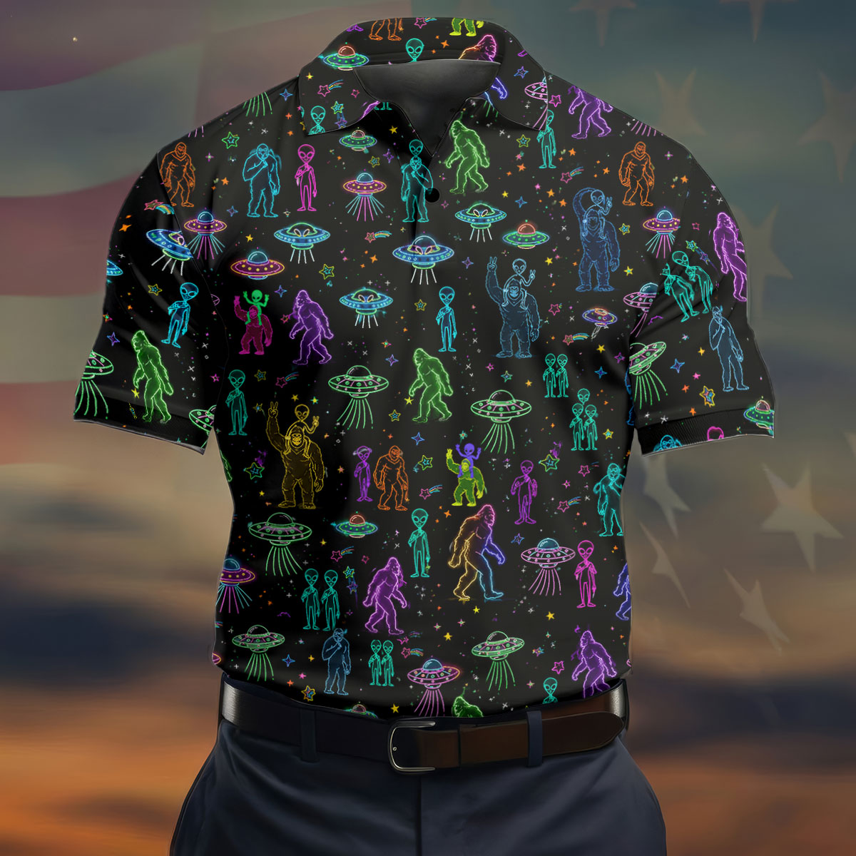 Neon Bigfoot Alien UFO Pattern Golf Polo Shirt, Men's Golf Shirt, Printed Golf Shirts