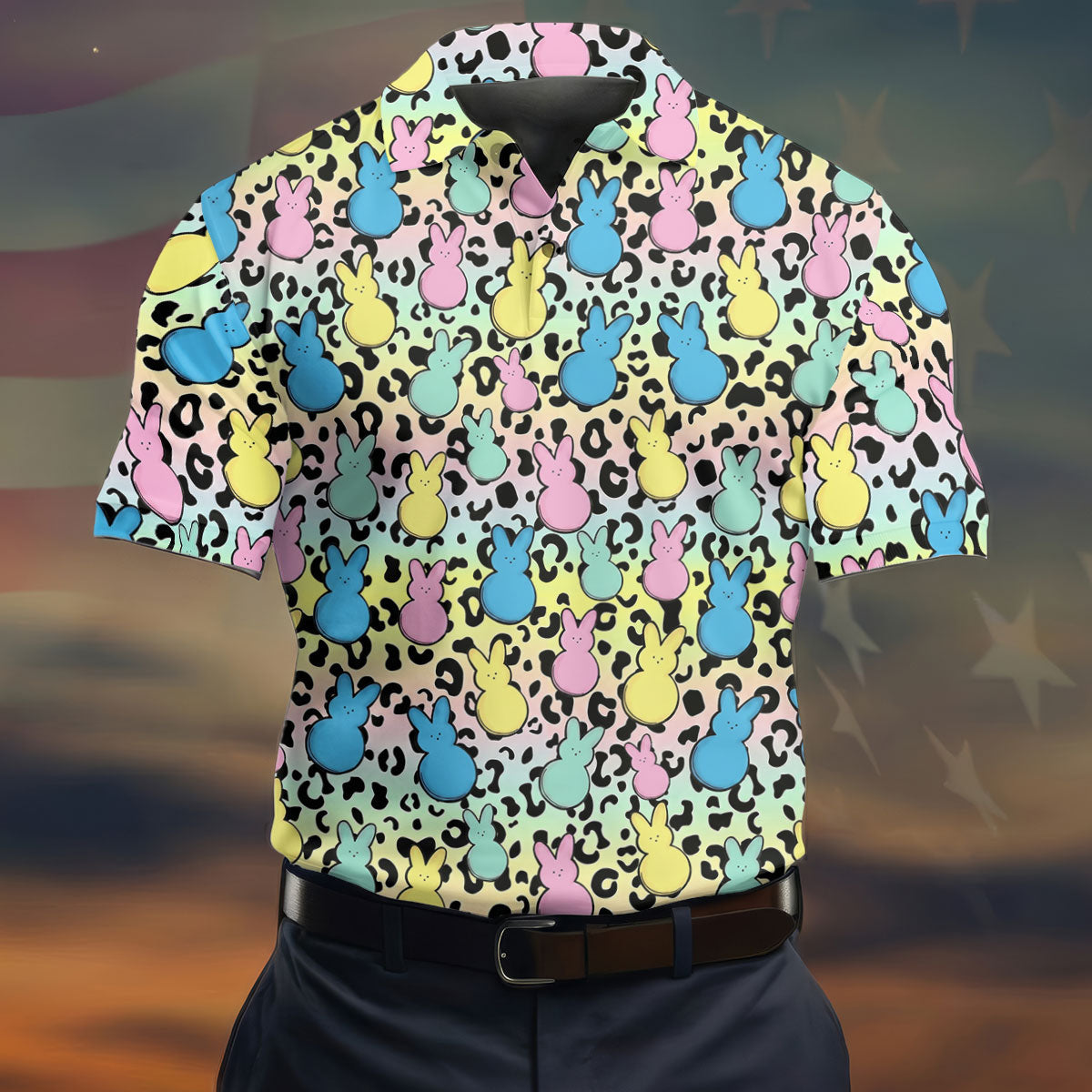 Pastel Easter Bunny Leopard Print Polo Shirt, Mens Golf Apparel, Hawaiian Golf Shirt, Printed Golf Shirts
