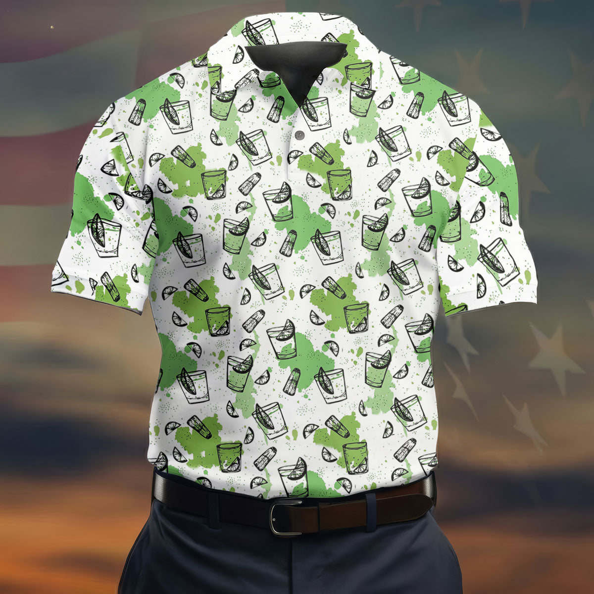 Green Cocktail Splash Pattern Golf Shirt, Mens Golf Shirts, Hawaiian Golf Shirt, Golf Polo Shirts For Men