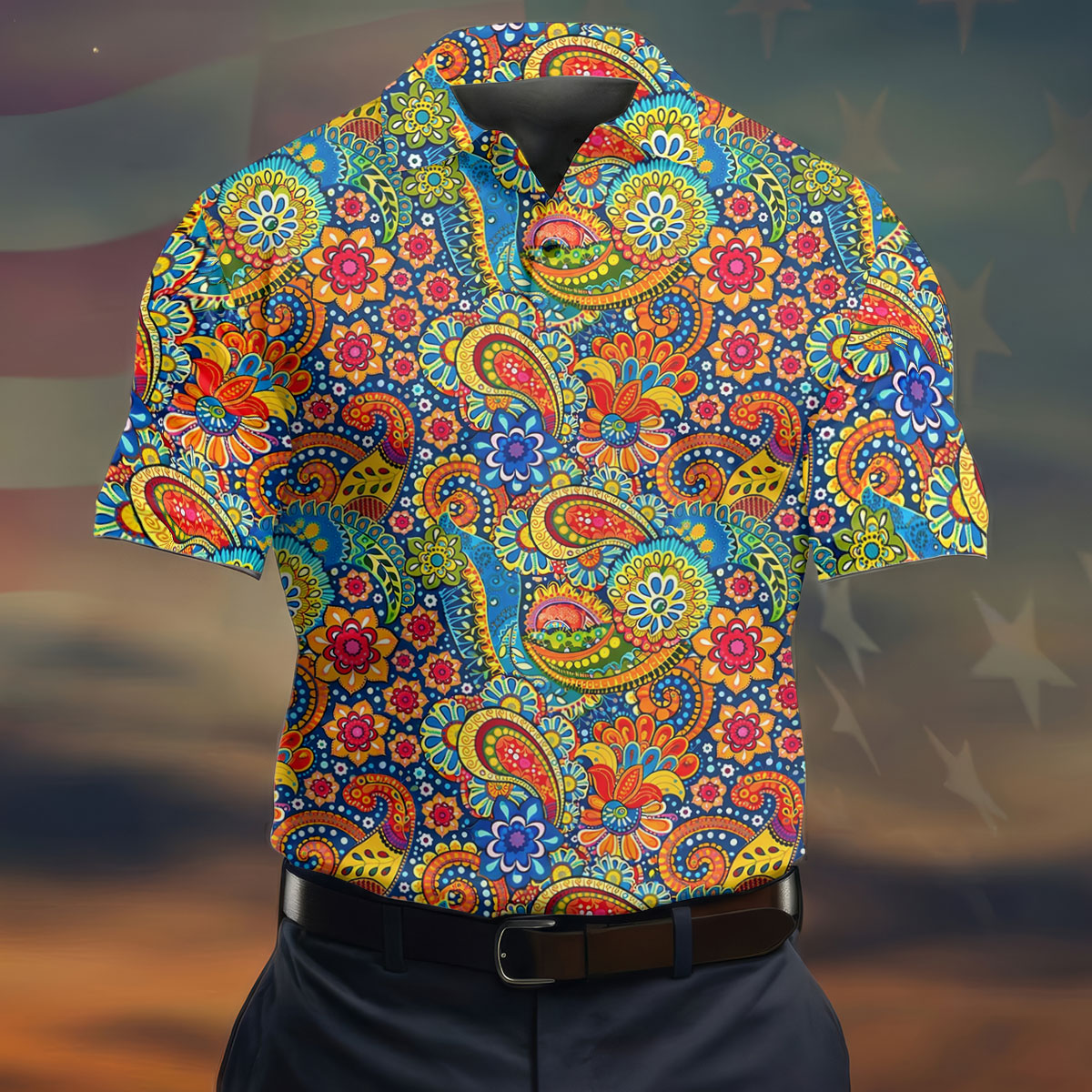Colorful Floral Paisley Pattern Polo Shirt, Hawaiian Golf Shirt, Mens Golf Apparel