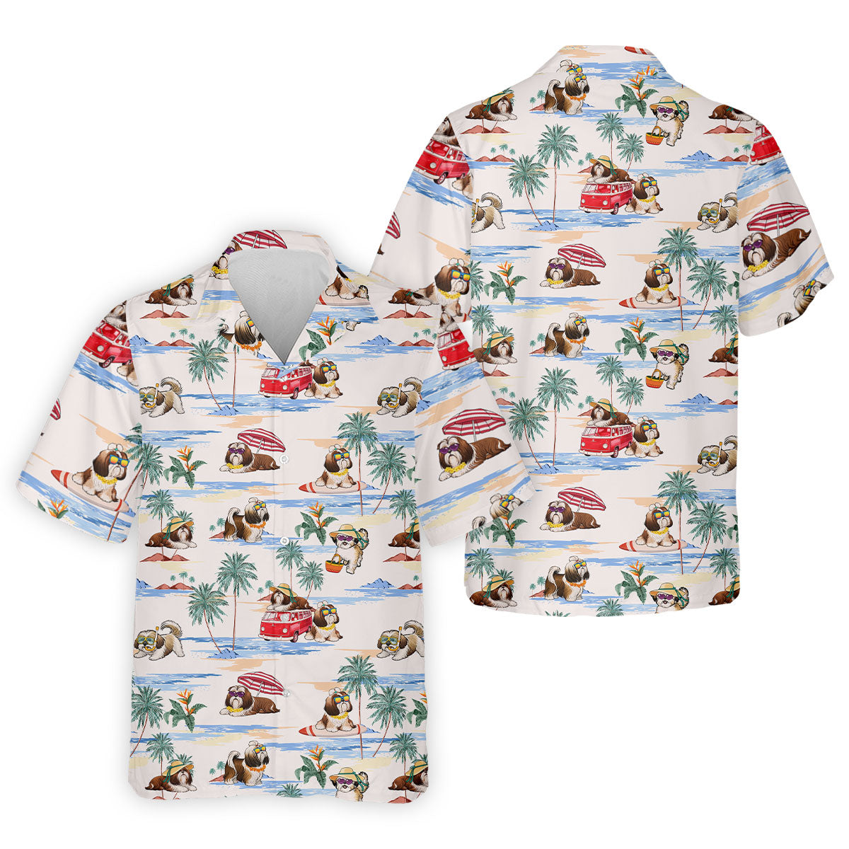 Beach Vacation Shih Tzu Print Hawaiian Golf Polo, Golf Tops For Men, Golfing Apparel