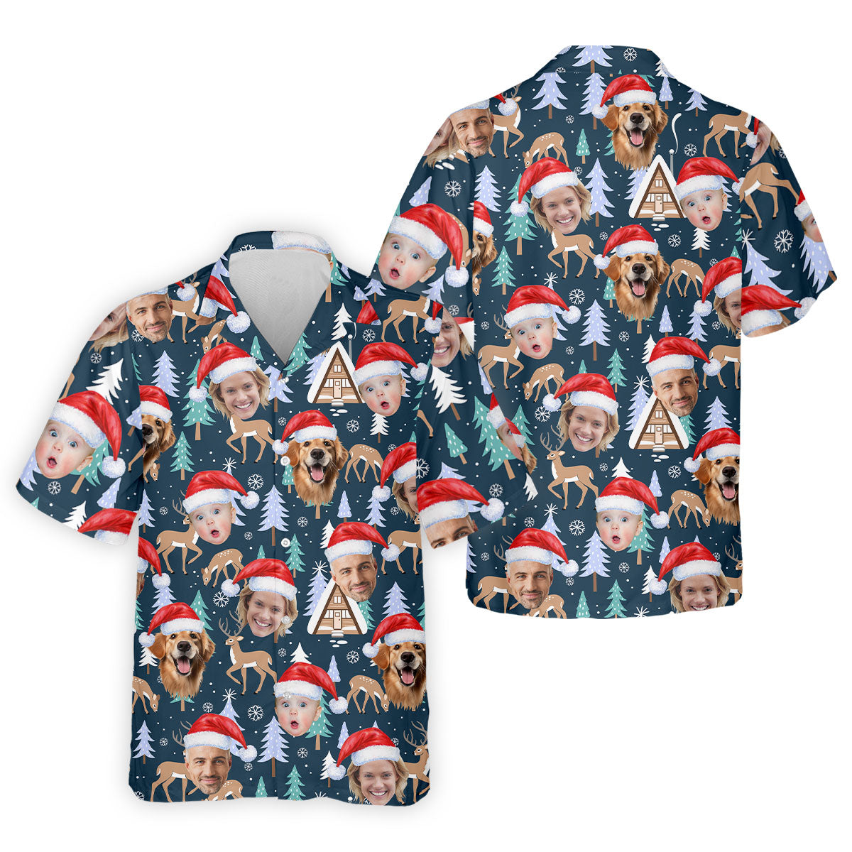 Custom Face Pine Tree Reindeer Dark Teal Green Christmas Golf Shirt, Golf Shirts For Men, Golf Gift For Men