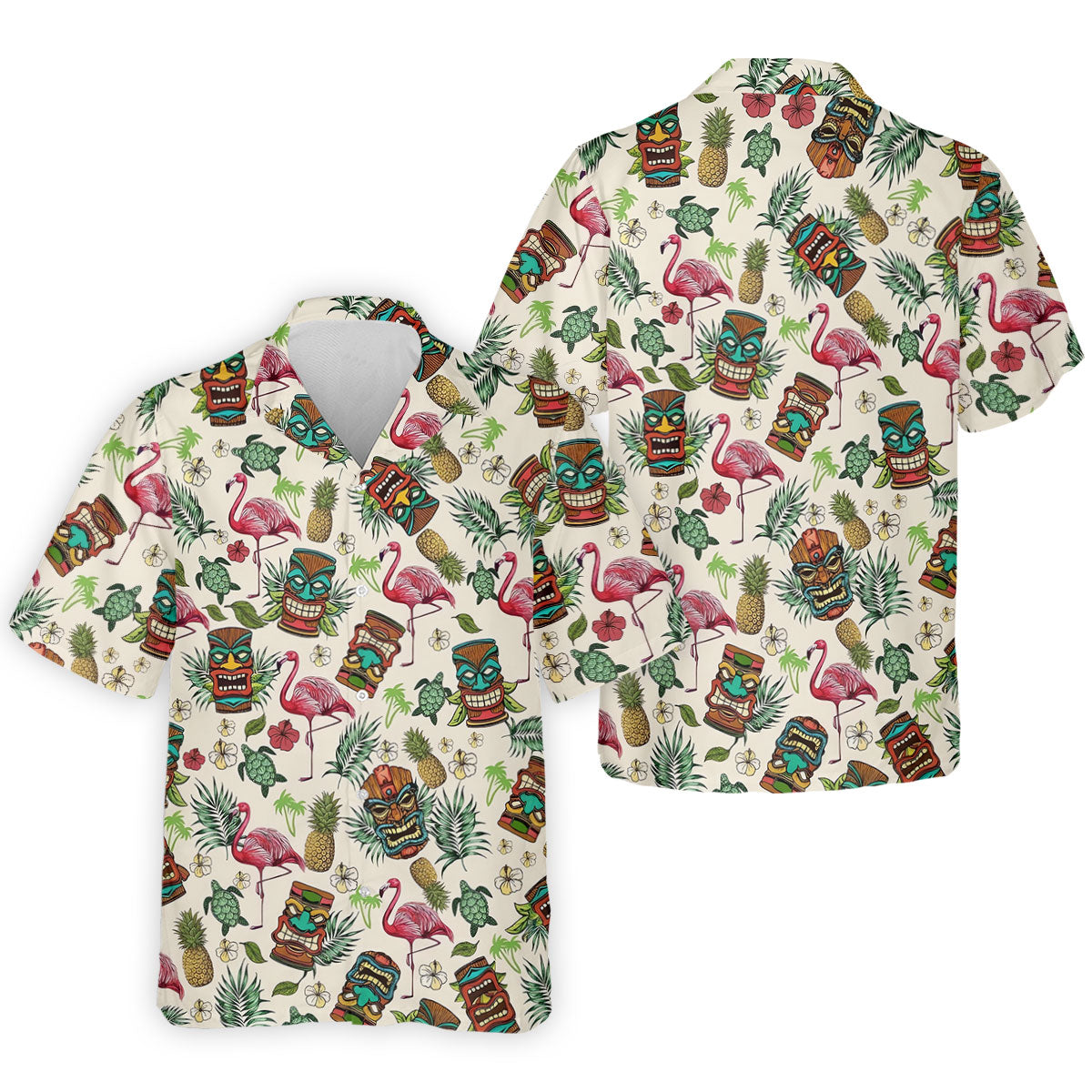 Tiki Masks, Flamingo and Island Paradise Pattern Design Hawaiian Golf Polo, Golf Tops For Men, Golfing Apparel