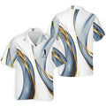 Elegant Blue Gray and Gold Swirl Pattern Hawaiian Golf Polo, Golf Tops For Men, Golfing Apparel