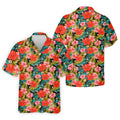 Red Hibicus Gold Palm Leaf Hawaiian Golf Shirt, Summer Theme Golf Shirts For Men