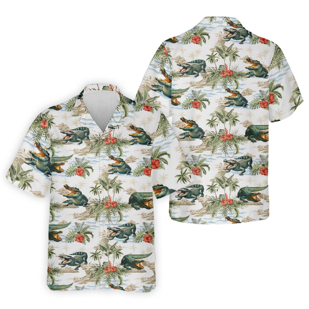 Tropical Coastal Alligator and Hibiscus Pattern Hawaiian Golf Polo, Golf Tops For Men, Golfing Apparel