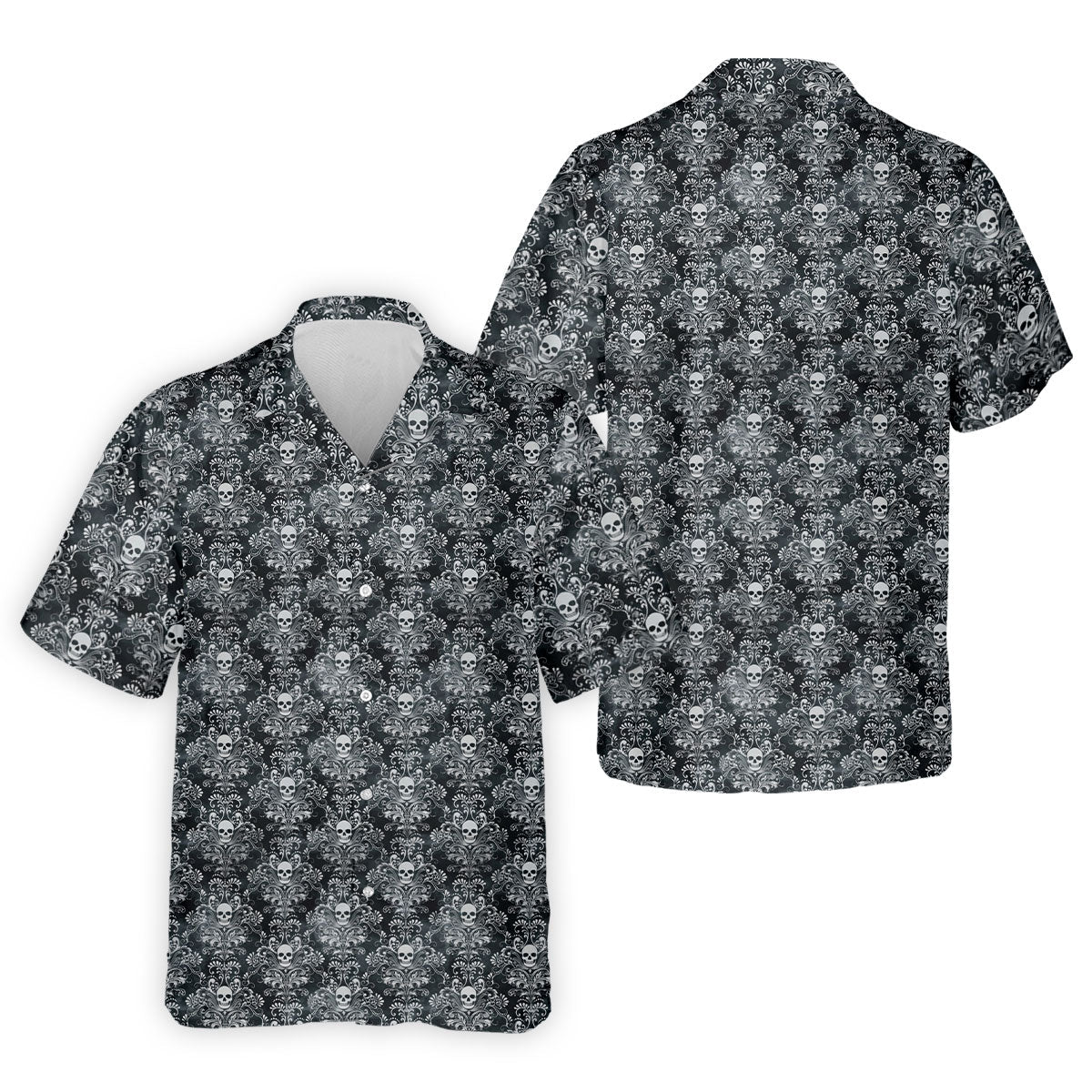 Skull Damask Charcoal Grey Gothic Floral Golf Tops For Men, Polo Shirts For Men, Golf Shirts For Men