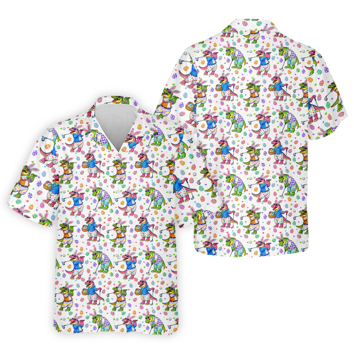 Easter Dinosaur Gradient Pattern Men's Funny Golf Shirts, Golf Shirts For Men, Polo Shirts For Men