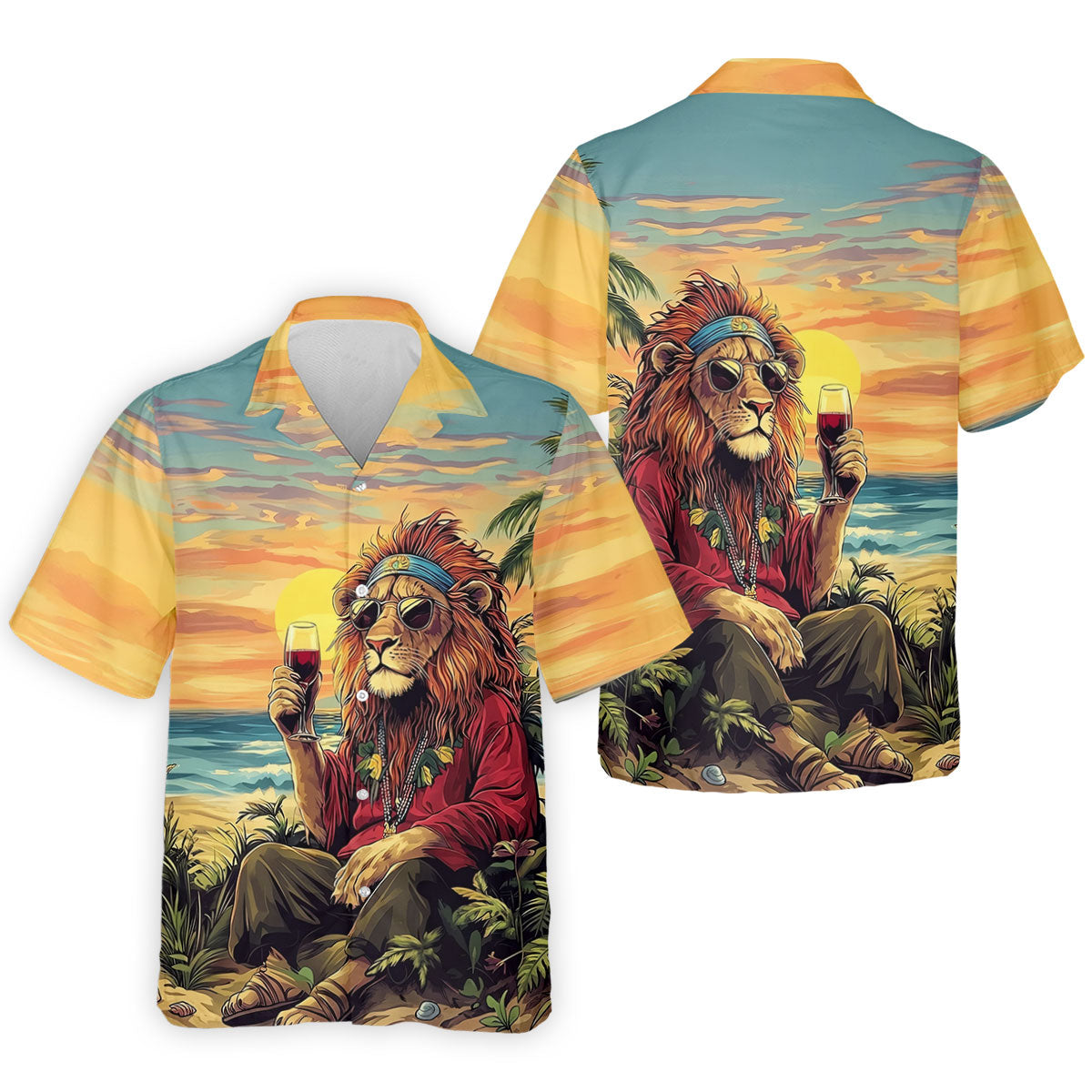 Tropical Lion Sunset Teal Hawaiian Golf Polo, Golf Tops For Men, Golfing Apparel