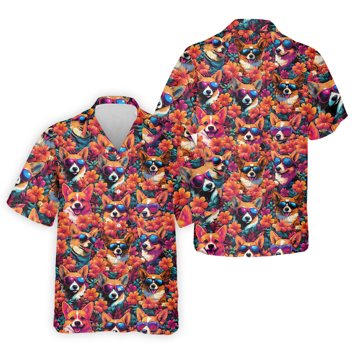 Tropical Corgi Floral Pattern Hawaiian Golf Polo, Golf Tops For Men, Golfing Apparel