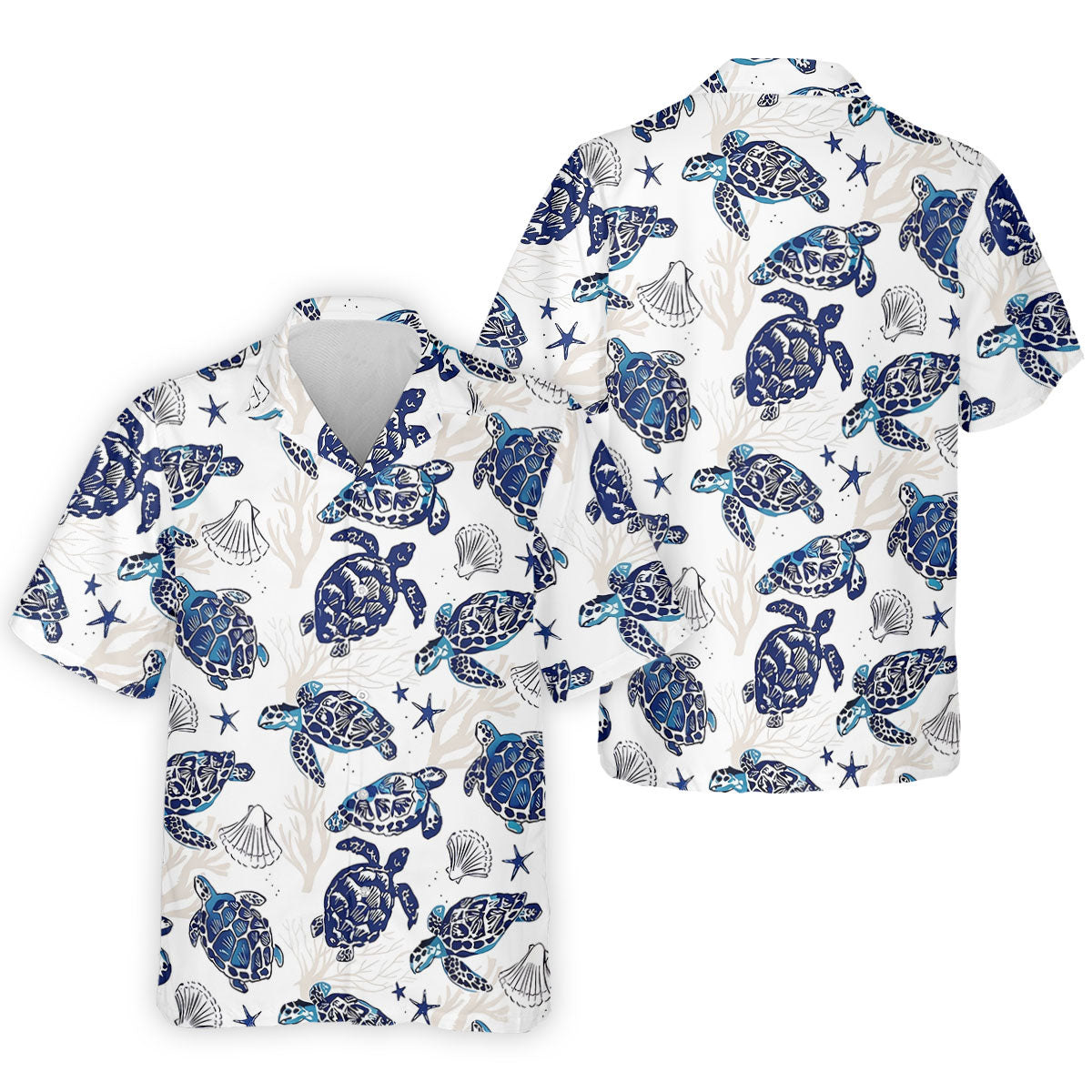Sea Turtle, Starfish, Seashells and Coral Reef Art Hawaiian Golf Polo, Golf Tops For Men, Golfing Apparel