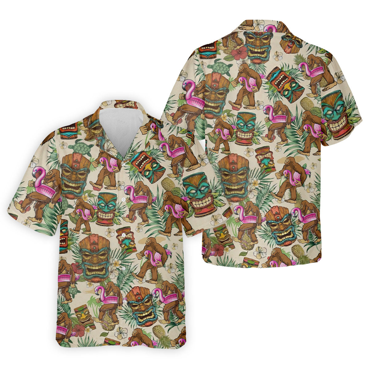 Tropical Bigfoot Adventure with Tiki Totems Design Hawaiian Golf Polo, Golf Tops For Men, Golfing Apparel