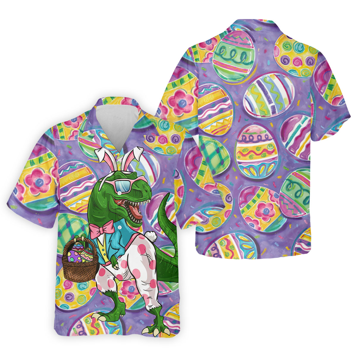 T-Rex Bunny Painted Easter Eggs Golf Shirts For Men, Men's Funny Golf Shirts, Polo Shirts For Men