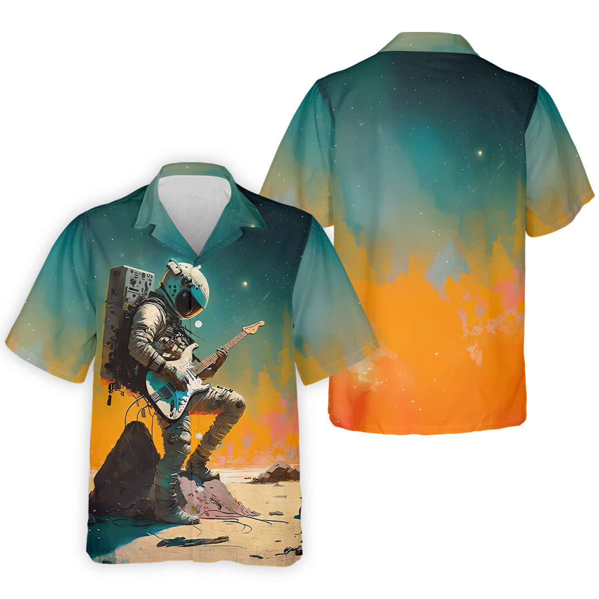 Astronaut Rock Guitar Teal Sunset Hawaiian Golf Polo, Golf Tops For Men, Golfing Apparel