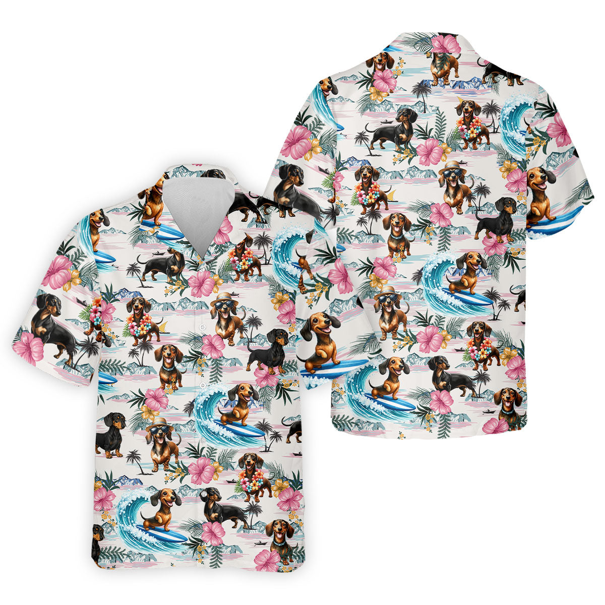 Cartoon Dachshund Tropical Theme Hawaiian Golf Shirt, Men's Golf Shirt, Polo Shirts For Men