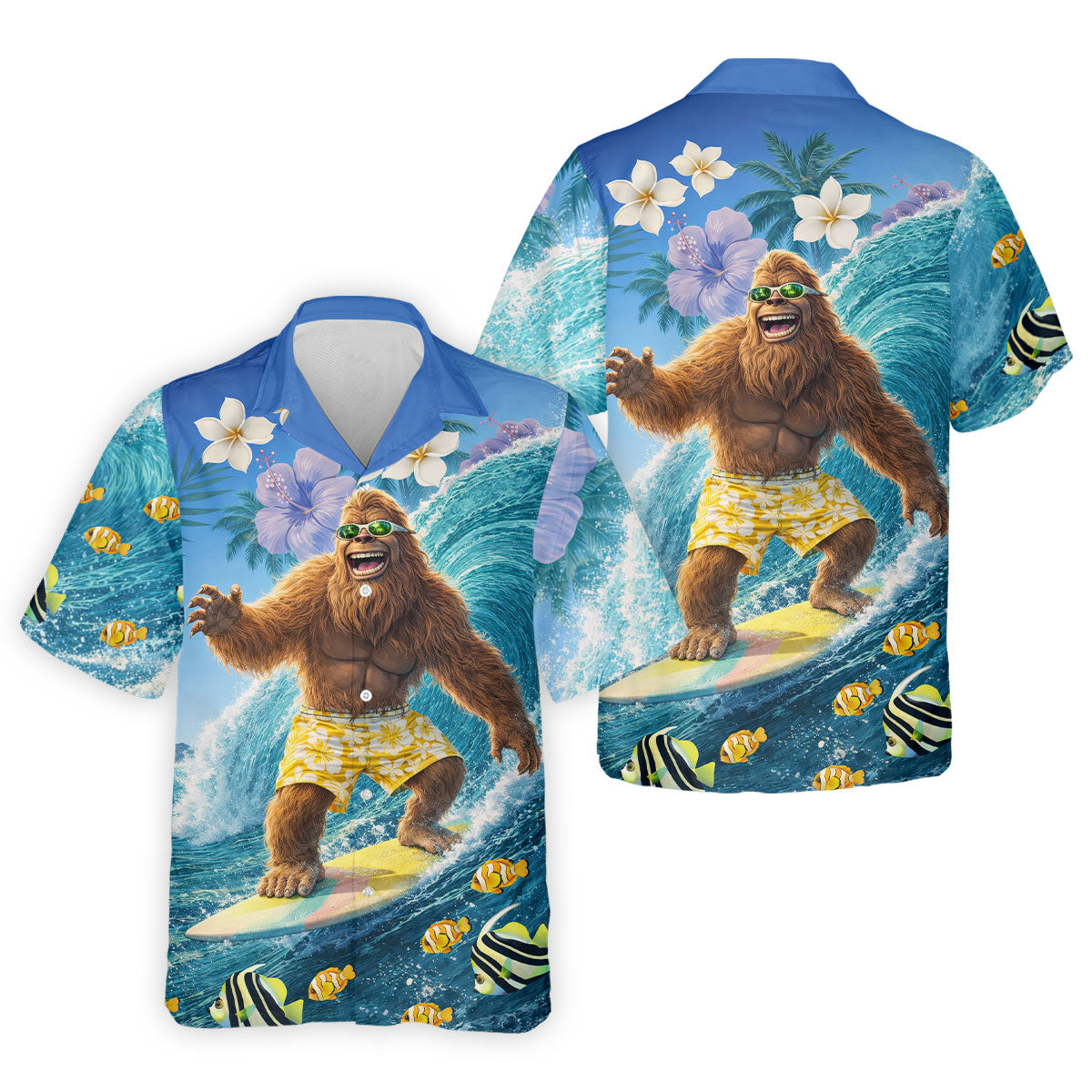 Surfing Bigfoot Riding Ocean Waves Design Hawaiian Golf Polo, Golf Tops For Men, Golfing Apparel