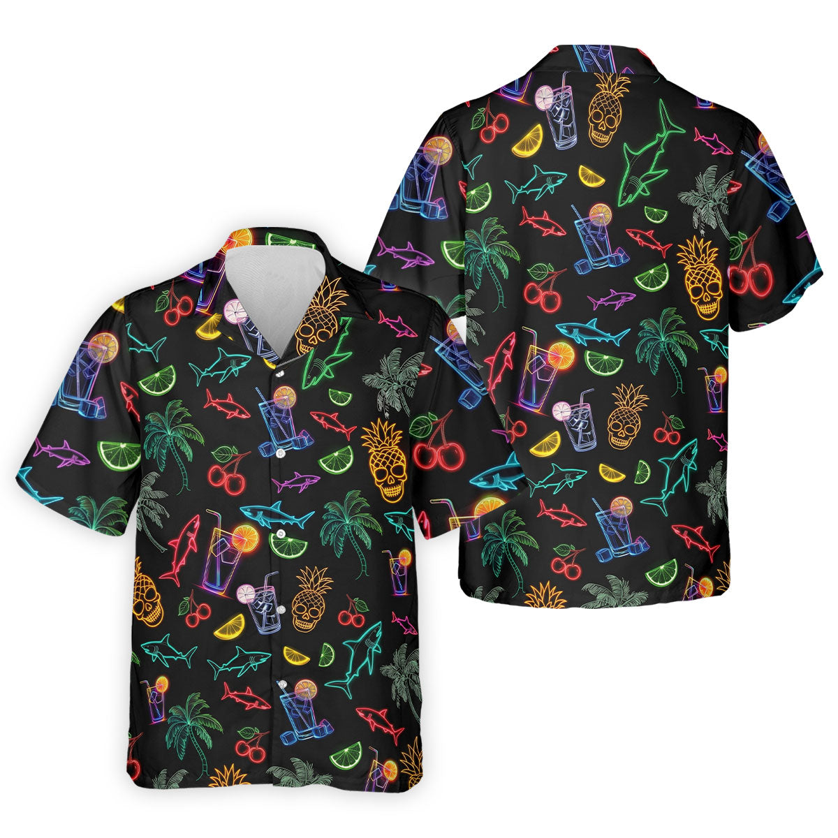 Neon Shark And Cocktail Pattern Hawaiian Golf Shirt, Men's Golf Shirt, Polo Shirts For Men