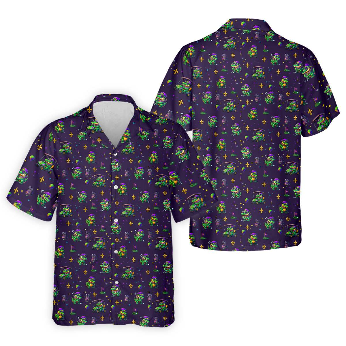 Funny Crocodile Mardi Gras Golf Shirts, Purple Golf Shirt, Golf Gift For Men, Golf Shirts For Men