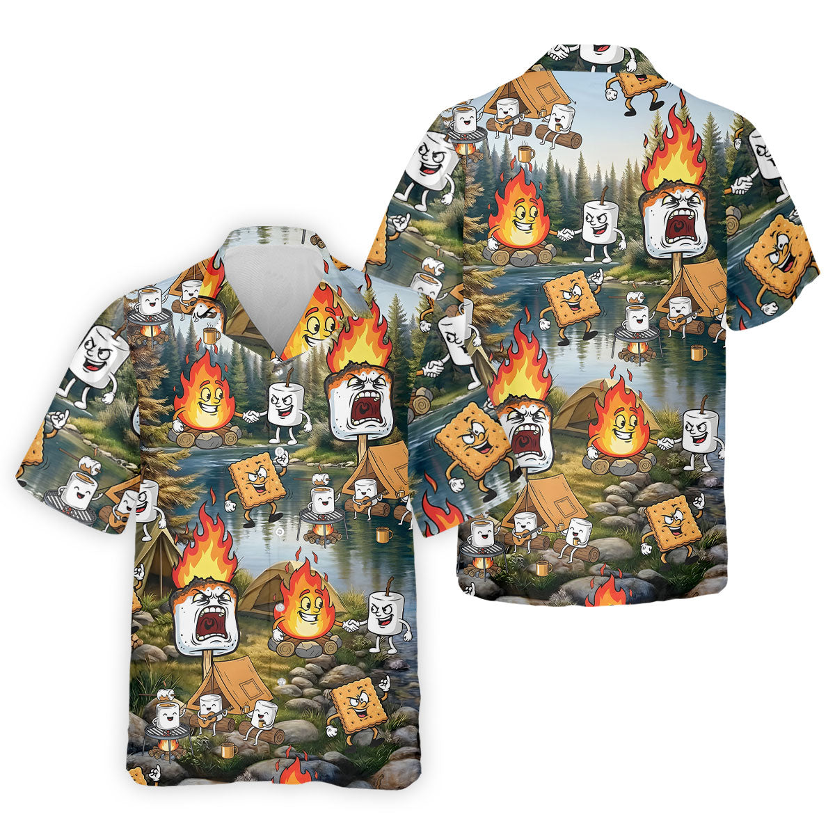 Cartoon Marshmallow, Graham Cracker and Campfire Characters Lake Camping Hawaiian Golf Polo, Golf Tops For Men, Golfing Apparel