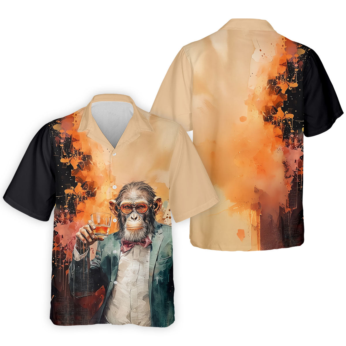 Gentleman Monkey Whiskey Golden Sunset Hawaiian Golf Polo, Golf Tops For Men, Golfing Apparel