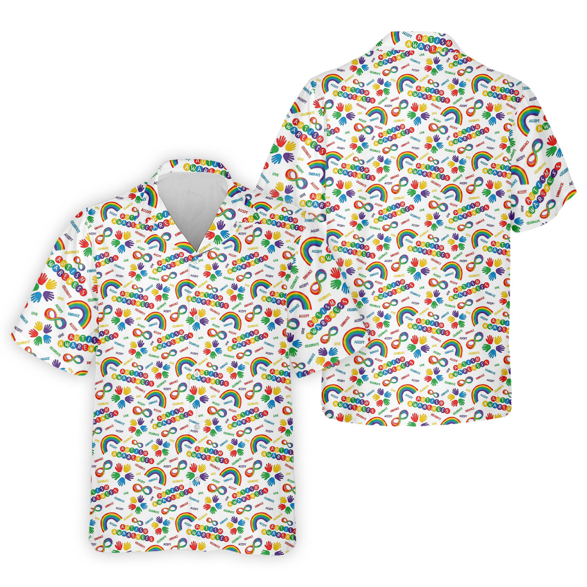Autism Awareness Rainbow Pattern Colorful Handprints White Golf Shirt, Polo Shirts For Men