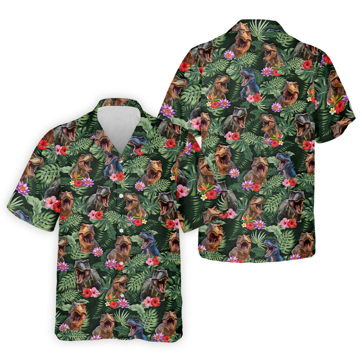 Tropical T Rex Floral Pattern Hawaiian Golf Polo, Golf Tops For Men, Golfing Apparel