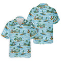 Green Alien Riding Waves on Tropical Island Beach Hawaiian Golf Polo, Golf Tops For Men, Golfing Apparel