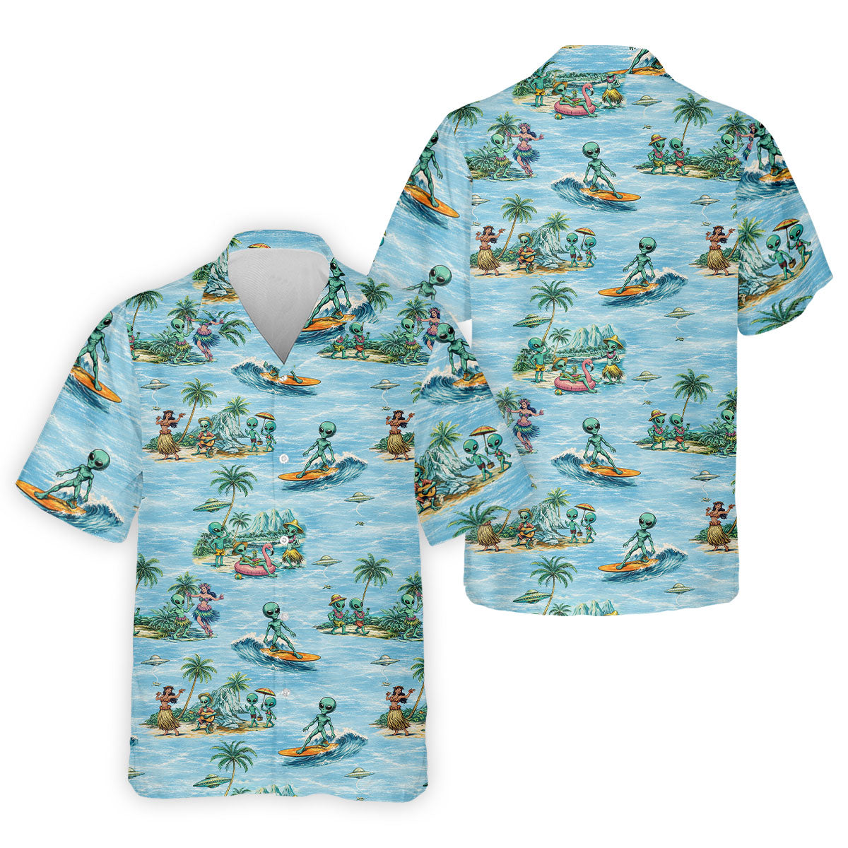 Green Alien Riding Waves on Tropical Island Beach Hawaiian Golf Polo, Golf Tops For Men, Golfing Apparel