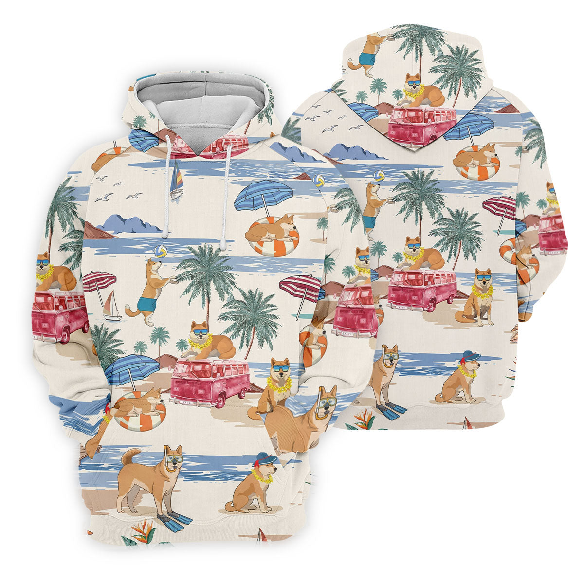 Tropical Shiba Inu Beach Pattern Hawaiian Golf Polo, Golf Tops For Men, Golfing Apparel