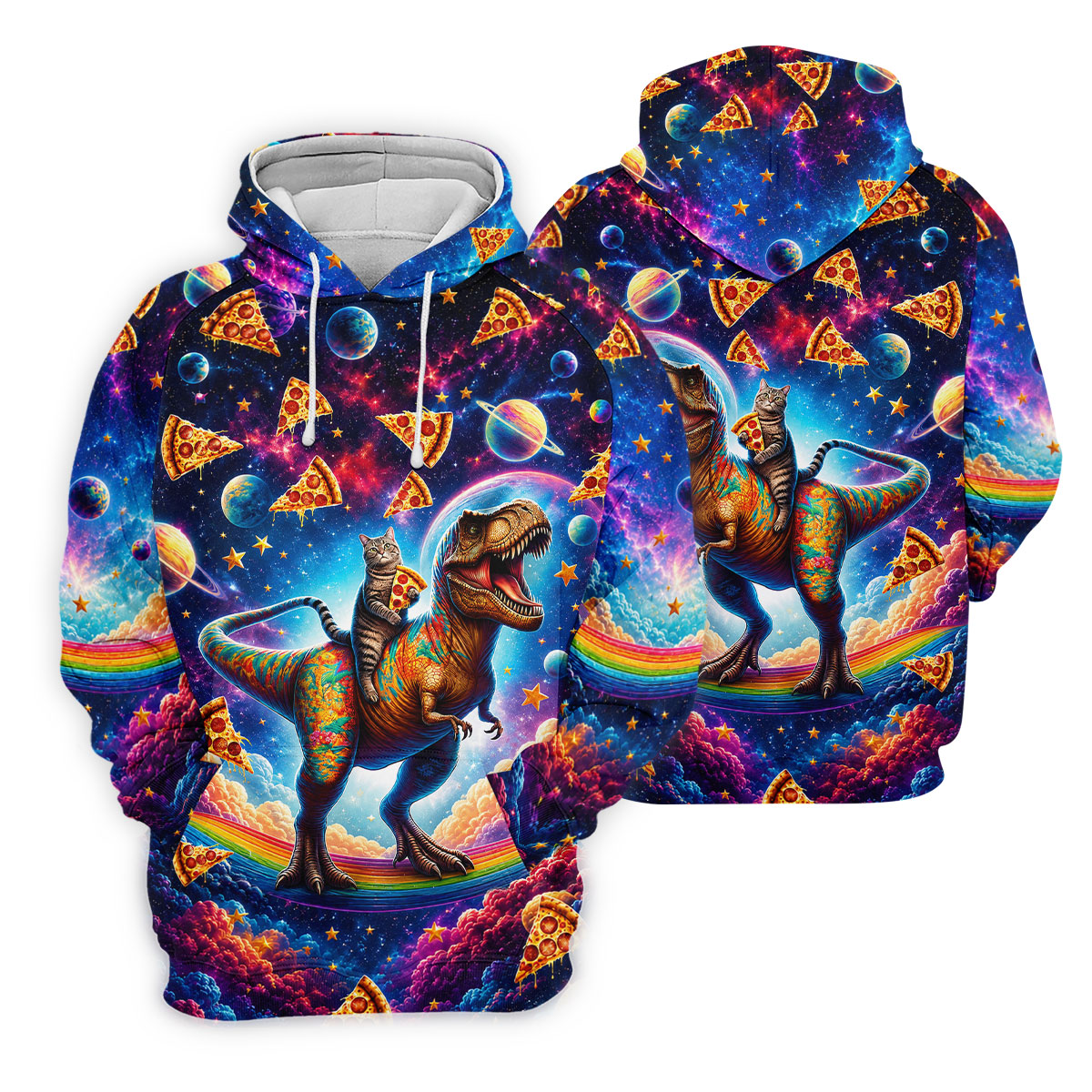 Pizza Space Cat Rainbow Dinosaur Hawaiian Golf Shirt, Women's Golf Tops, Ladies Golf Shirts