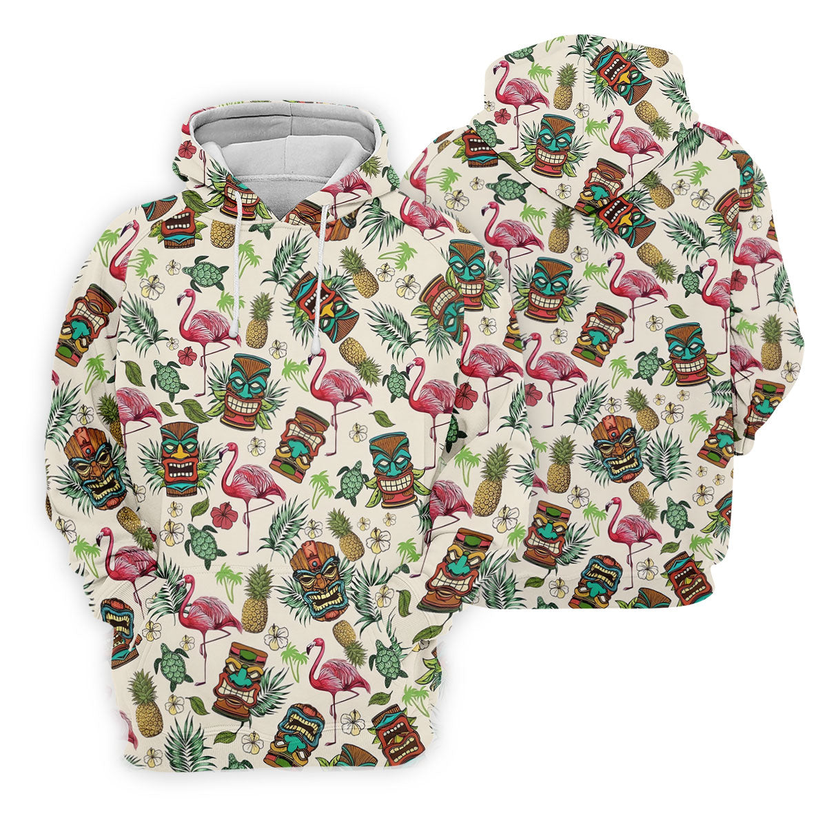 Tiki Masks, Flamingo and Island Paradise Pattern Design Hawaiian Golf Polo, Golf Tops For Men, Golfing Apparel