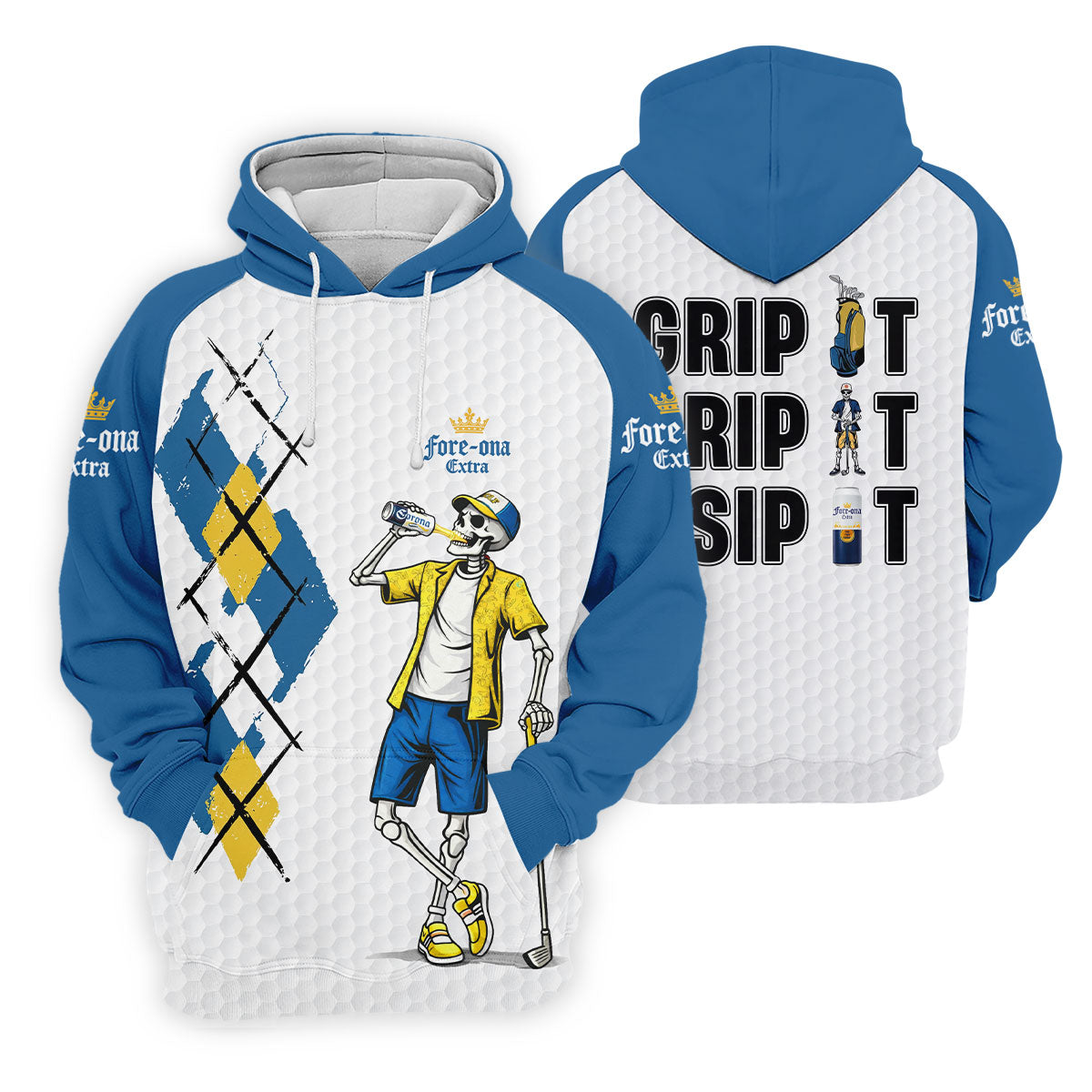 Fore-Ona Extra Blue Yellow Skeleton Golfer Beer Polo Shirt, Women’s Golf Apparel, Golf Shirts For Women