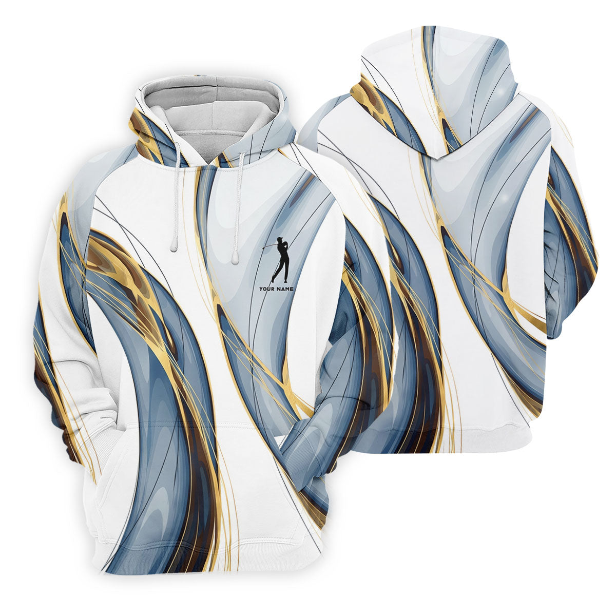 Elegant Blue Gray and Gold Swirl Pattern Hawaiian Golf Polo, Golf Tops For Men, Golfing Apparel