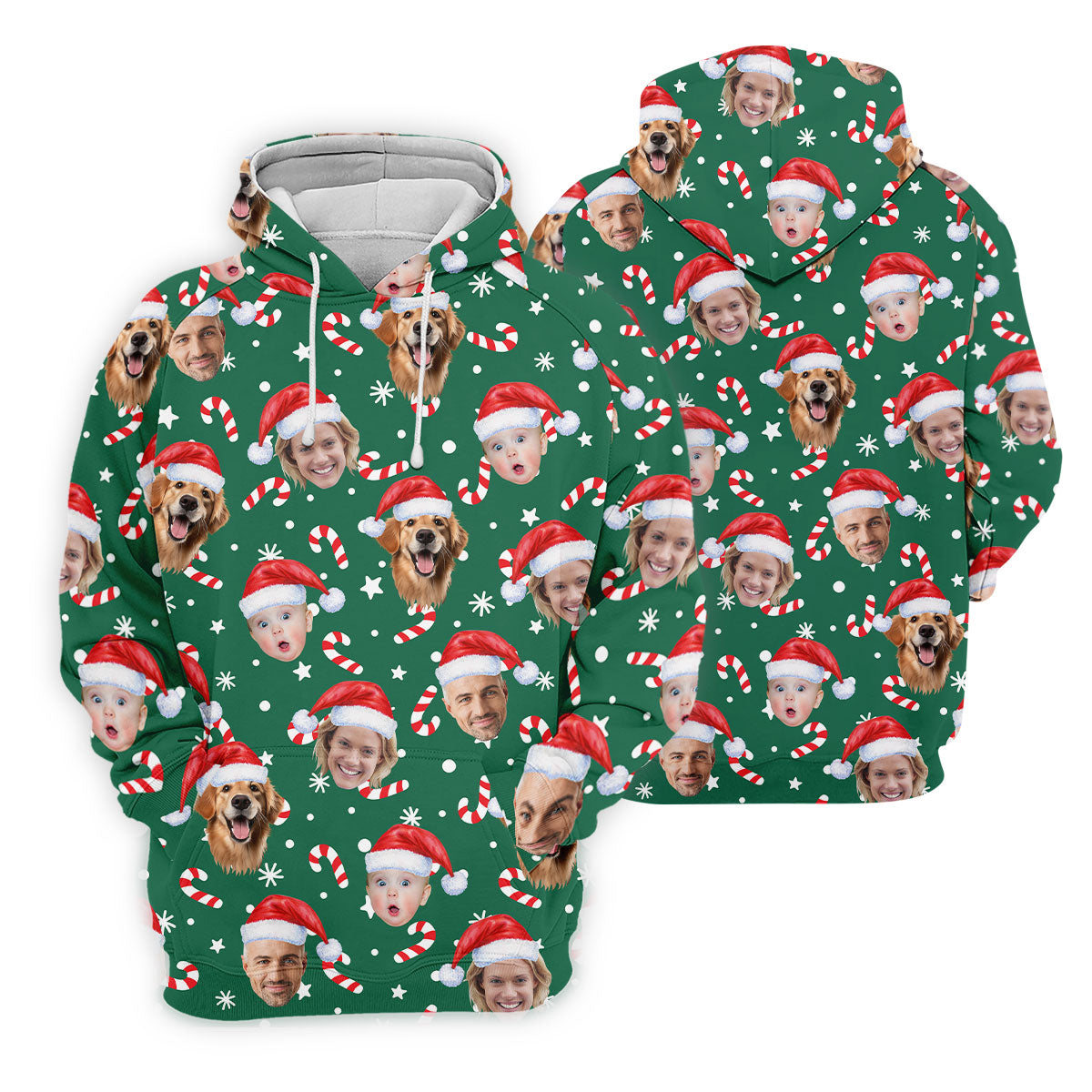 Custom Face Candy Cane Pattern Green Golf Shirt, Christmas Golf Shirt, Polo Shirts For Men, Golf Gift For Men
