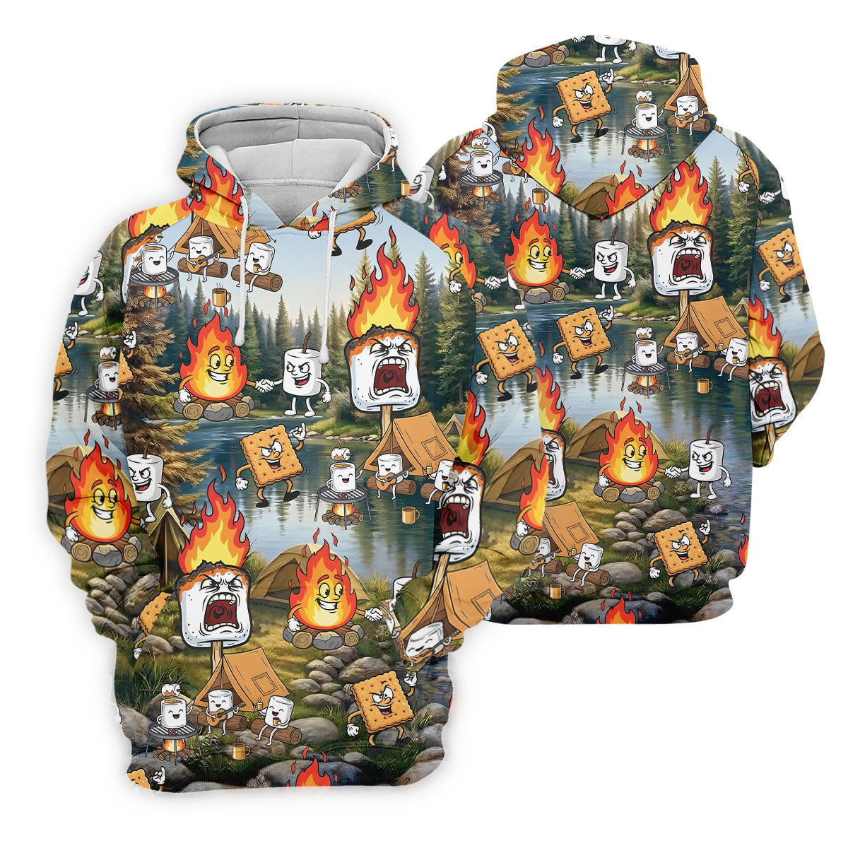 Cartoon Marshmallow, Graham Cracker and Campfire Characters Lake Camping Hawaiian Golf Polo, Golf Tops For Men, Golfing Apparel