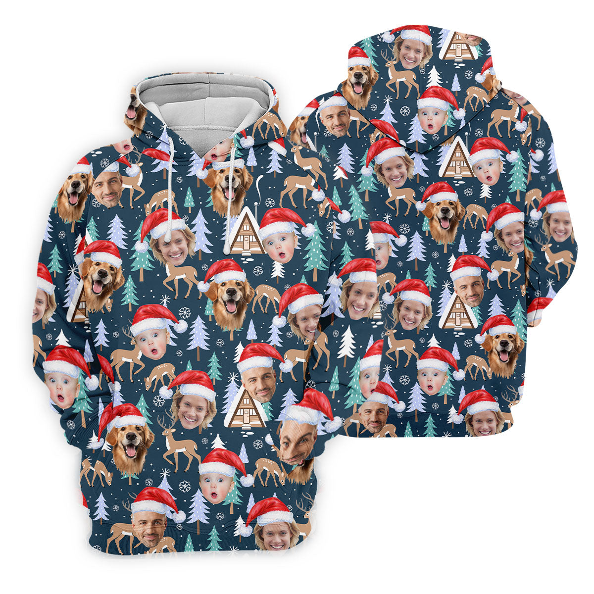 Custom Face Pine Tree Reindeer Dark Teal Green Christmas Golf Shirt, Golf Shirts For Men, Golf Gift For Men
