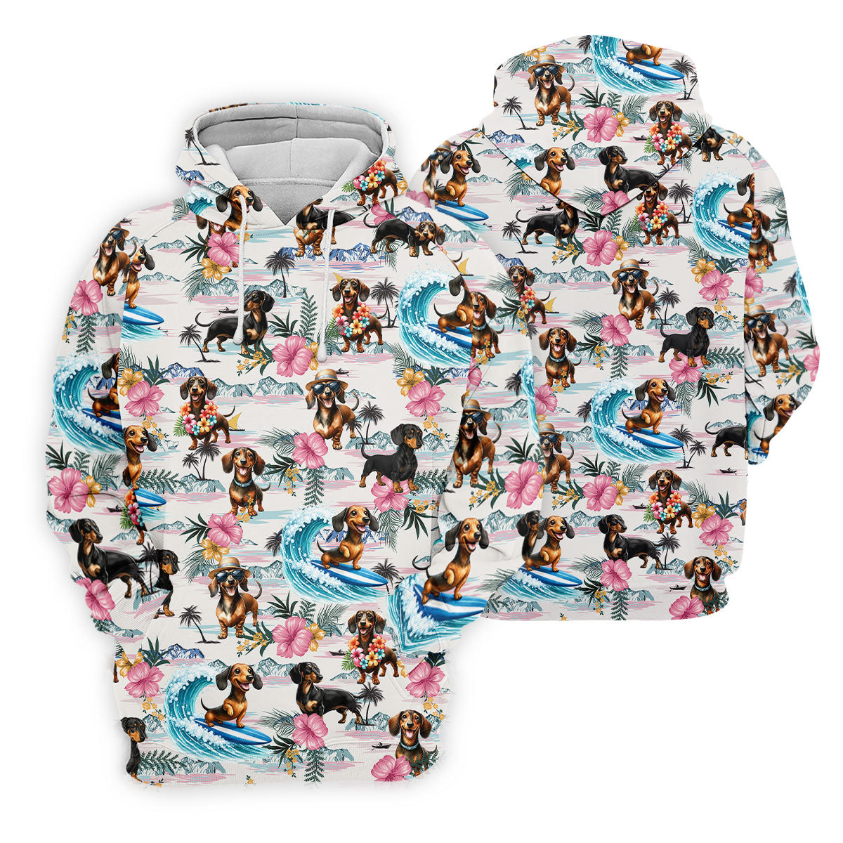 Cartoon Dachshund Tropical Theme Hawaiian Golf Shirt, Men's Golf Shirt, Polo Shirts For Men