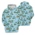 Green Alien Riding Waves on Tropical Island Beach Hawaiian Golf Polo, Golf Tops For Men, Golfing Apparel