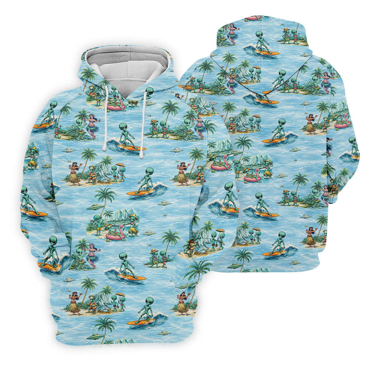 Green Alien Riding Waves on Tropical Island Beach Hawaiian Golf Polo, Golf Tops For Men, Golfing Apparel