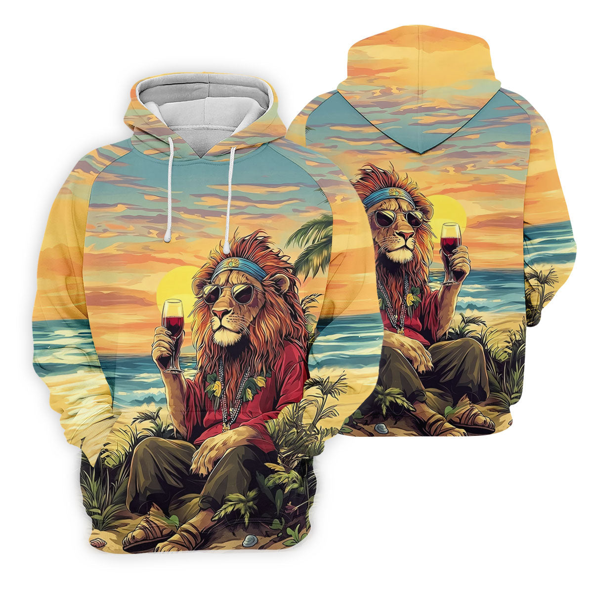 Tropical Lion Sunset Teal Hawaiian Golf Polo, Golf Tops For Men, Golfing Apparel