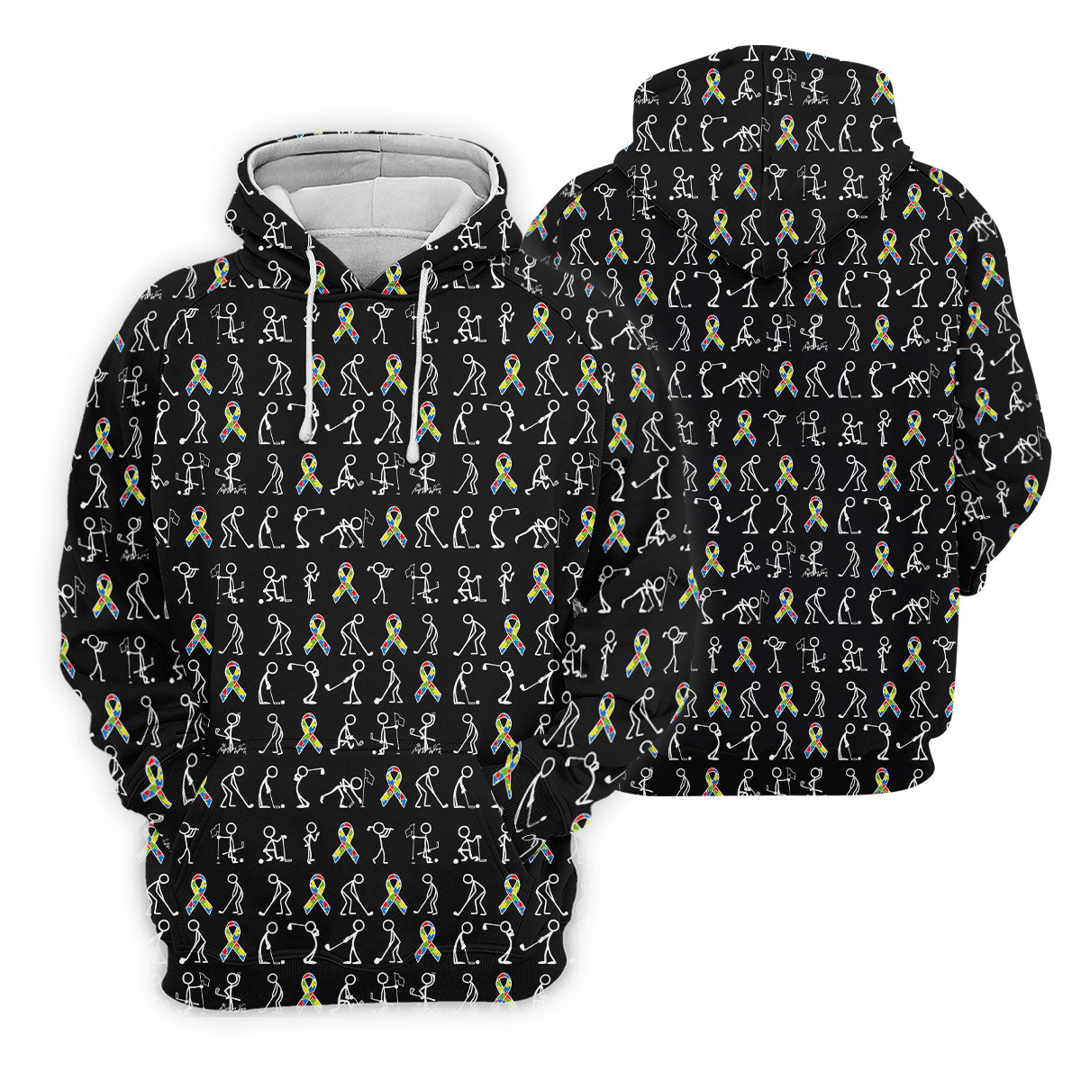 Stick Figure Golf Pose Autism Ribbon Black Golf Shirt, Autism Awareness Colors Ladies Golf Polos