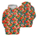 Red Hibicus Gold Palm Leaf Hawaiian Golf Shirt, Summer Theme Golf Shirts For Men
