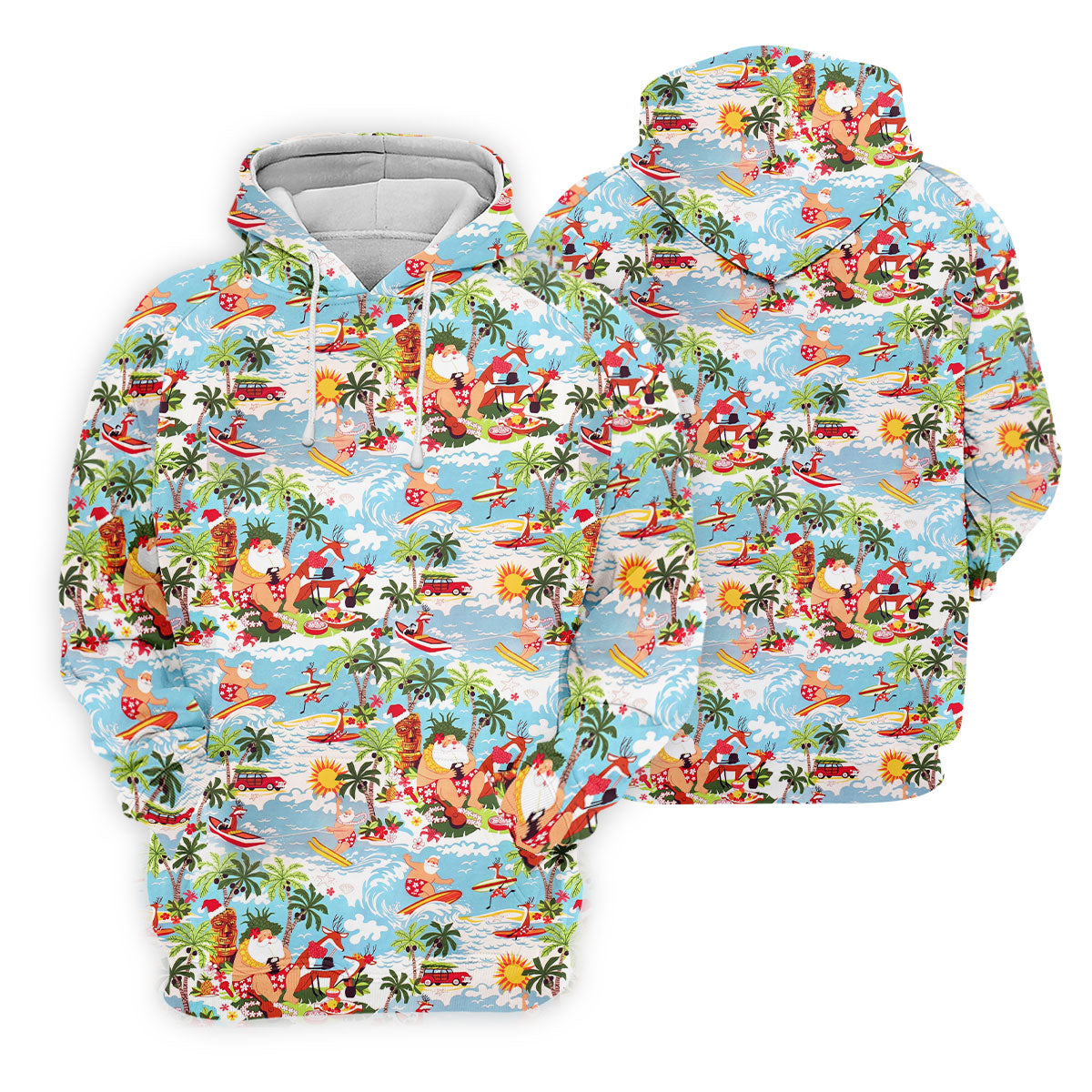 Surfing Santa Tropical Christmas Golf Shirt, Beach Reindeer Holiday Polo, Hawaiian Golf Shirt, Printed Golf Shirts